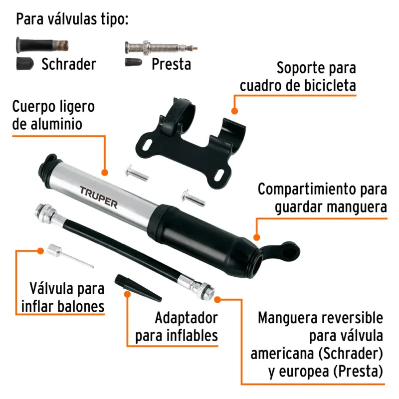 INFLADOR MANUAL TRUPER PARA BICICLETAS 75 PSI - Imagen 3